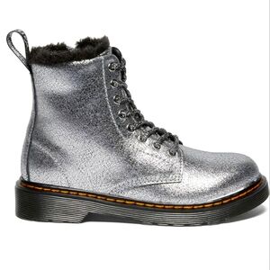 Dr Martens Kids Shoes Metallic Silver Foiled Leather Boots Little Girls Size 8